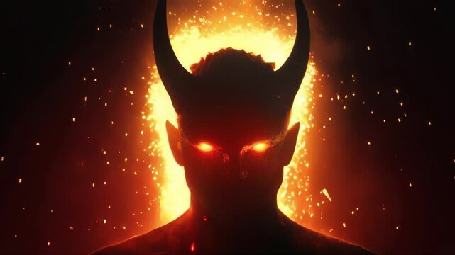 Silhouette of a horned devil with glowing eyes amidst fiery sparks. Perfect for horror, fantasy, and dark-themed projects.. AI Generation