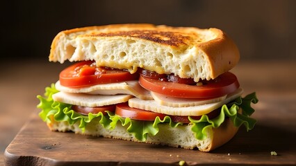 Delicious turkey sandwich with fresh vegetables and crispy toast on rustic wooden board