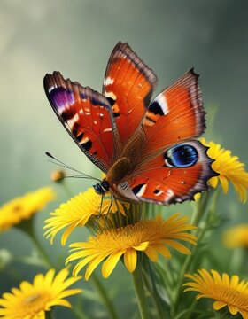 Fototapeta Colorful peacock butterfly perched on a yellow dandelion flower , nature, meadow flowers, dandelions