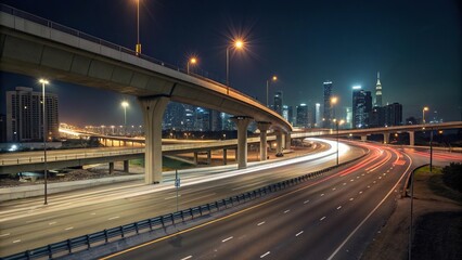 Fototapeta premium Colorful shHigh-speed highway overpass at night with blurred traffic and city lights in the background, night, highway