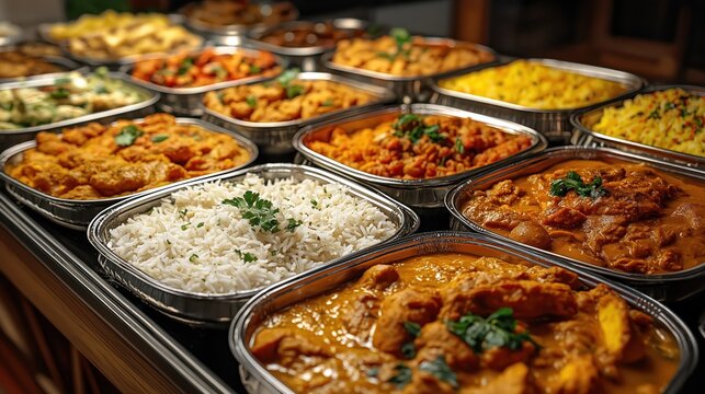Indian buffet table filled with various curries rice, vegetables. Many metal containers with food. Dishes ready for serving. Catering event buffet setting. Colorful Indian cuisine. Plenty of food for