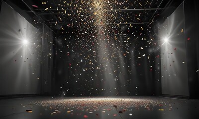 Confetti falling from the ceiling of a bright stage under a spotlight, colorful, confetti, falling