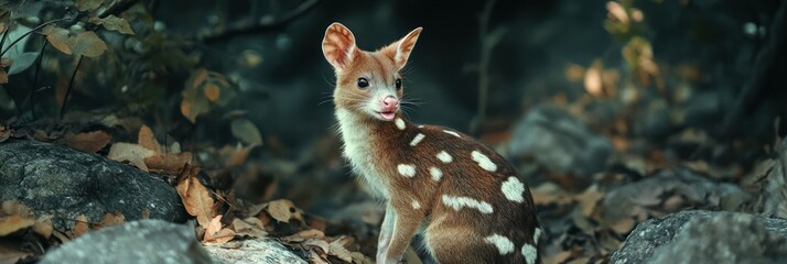 Obraz premium Spotted deer fawn amidst autumn leaves and rocks
