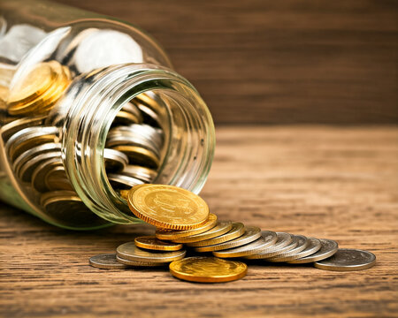 coins falling from a glass bottle on the table
