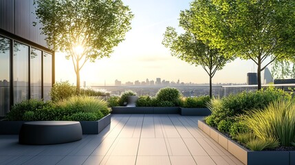 Sunlit rooftop terrace with cityscape view, lush greenery, and modern planters.