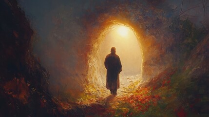 Obraz premium Oil painting illustration of resurrection of Jesus Christ seen from behind with empty tomb and sunbeam