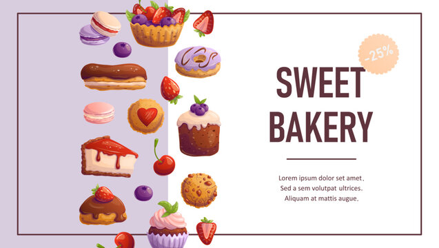Template with desserts for flyer, sale, baking party, birthday,  sweet food banner. Space for text. Vector illustration.