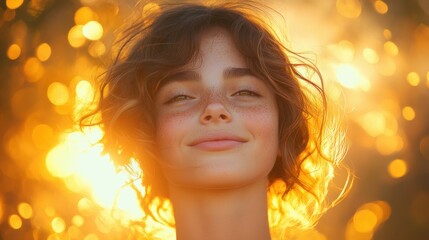 Fototapeta premium Joyful girl with curly hair in soft focus backlit by sunset light dreaming of playing outside