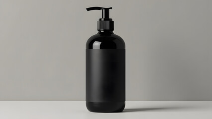 Obraz premium Minimalist black bottle with pump on a neutral background