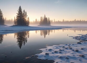 Fototapeta premium Early morning mist rises from the Gulf of Bothnia as sunlight peeks above frozen lake surface, ice, cold weather