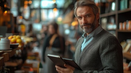 Confident businessman with tablet in modern cafe showcasing ambition and digital projects