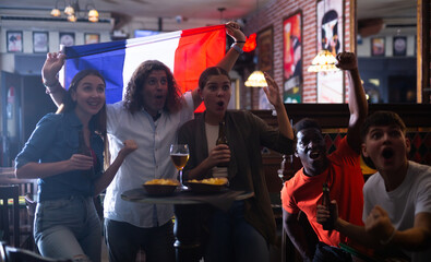 Cheerful multiracial football fans waving the flag of France while drinking beer and watching tournament in sport bar - Powered by Adobe