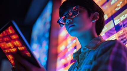 Obraz premium Young woman using tablet, neon lights.