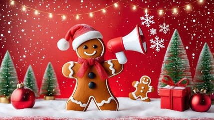 christmas gingerbread man with megaphone announcing festive news, red snowy background, holiday cheer