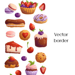 Border with desserts. Template for flyer, baking party, birthday,  sweet food banner. Space for text. Vector illustration.