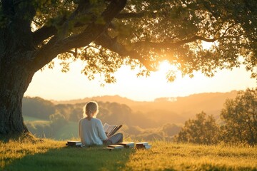 Woman relaxes reading book under big tree at sunset on grassy hill. Scenic view of landscape. Peaceful moment of contemplation. Serene summer evening. Perfect nature scene.