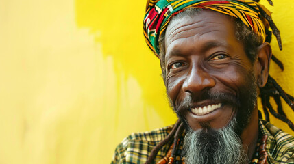 Happy smiling rastafarian musician posing with Copyspace