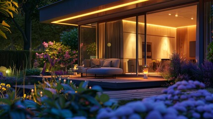 A luxury villa at night with floor-to-ceiling windows glowing warmly, a spacious deck with a comfortable lounge area