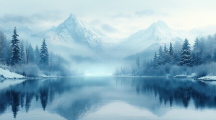 Snowy River with Icy Mist and Serene Mountains in Winter Landscape