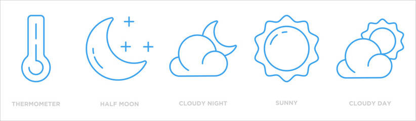 weather icon collection set. Containing design thermometer,half moon,cloudy night,sunny,cloudy day