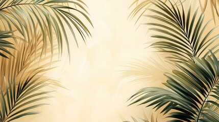 Obraz premium Soft palm leaves gracefully frame a calm beige backdrop, evoking a sense of peace and warmth reminiscent of tropical getaways. Nature's simplicity invites relaxation and serenity
