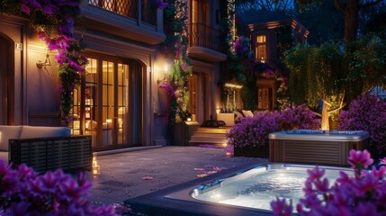 Fototapeta premium A luxury villa at night with illuminated windows, featuring a spacious deck with a hot tub and elegant outdoor furniture. The garden is vibrant with colorful flowers. Ultra-detailed