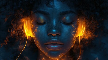 Happy girl with curly hair wearing yellow headphones enjoying music and audio in a studio with blue backdrop