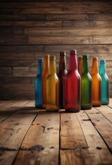 Group of colorful craft beer bottles on a rustic wooden table with a subtle wooden texture, soft lighting, warm glow, colorful craft beer bottles