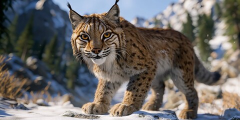 Fototapeta premium Majestic Lynx in Snowy Mountain Winter Forest Landscape