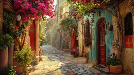 Old narrow Arabian street, houses decorated with flowers.