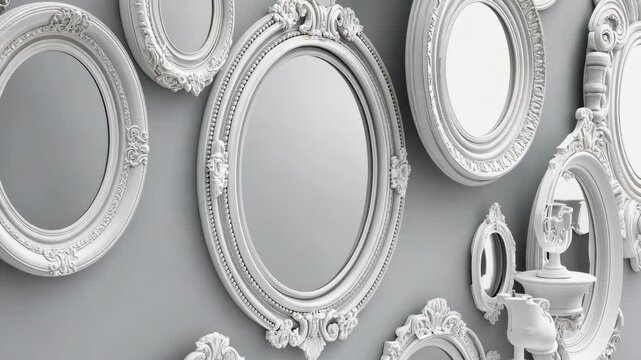 Decorative white mirrors arranged on a gray wall create an elegant and modern interior design display in a stylish living space