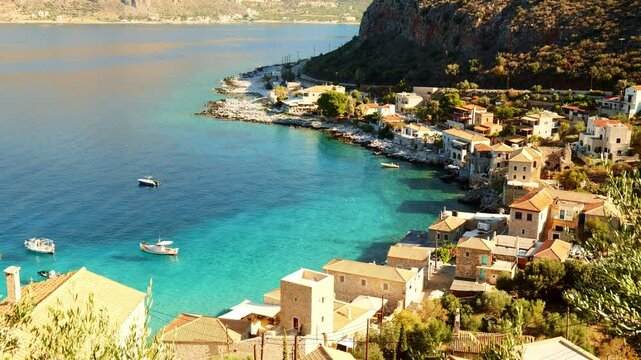 Scenic Elevated seaview over Greek Mani coastal fishing port Limeni