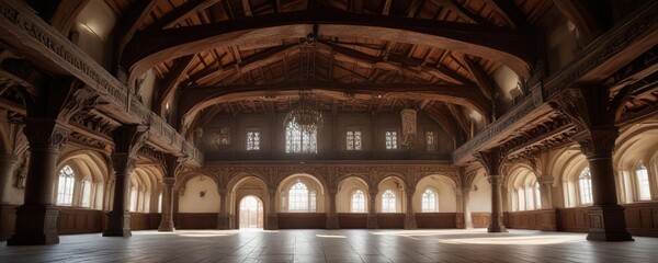 Large hall made of wooden beams with vaulted ceiling and ornate stone carvings on the main square in Krakow, medieval architecture, historic building, main square