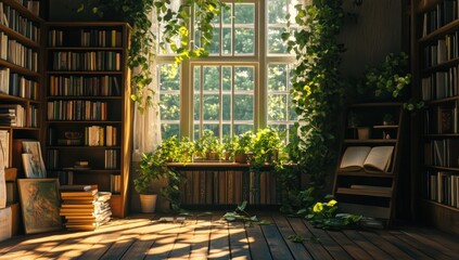 Sunlit Library with Bookshelves and Greenery