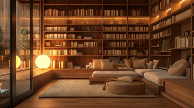 A modern library with sleek wooden shelves, a reading nook with cushions