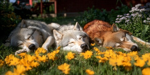 Fototapeta premium Three Wolves Sleeping in Yellow Flowers Peaceful Wildlife Scene
