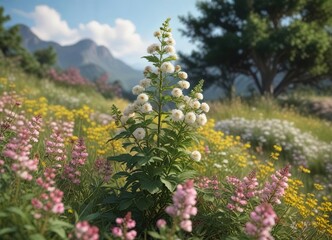 Obraz premium Lush white burnet bush surrounded by yellow and pink flowers, floral arrangement, foliage, vibrant colors, plants