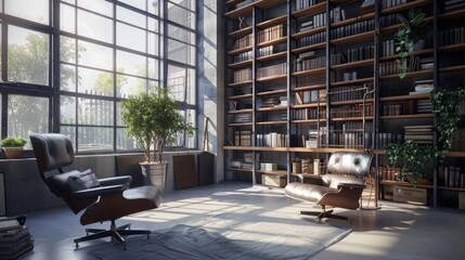 A modern loft library with metal and wood shelves, a minimalist reading chair