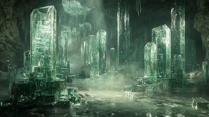Mystical green crystal cave with fog.