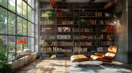 A modern loft library with metal and wood shelves, a sleek lounge chair