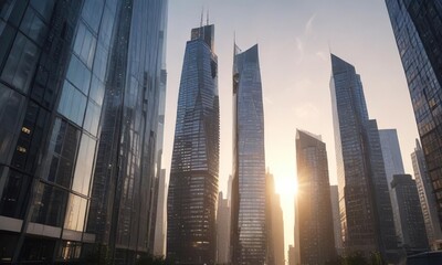 Modern cityscape with sleek glass and steel skyscrapers reflecting the sun, , reflection