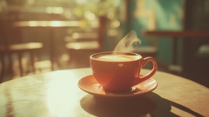 Fototapeta premium A Cup of Coffee with a Warm Glow in a Cozy Cafe