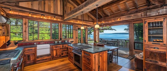 Obraz premium Rustic Wooden Kitchen With Ocean View