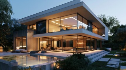 Fototapeta premium A modern villa at dusk with light streaming through large windows, featuring a sleek patio with a comfortable outdoor lounge. The surrounding garden is meticulously landscaped. Ultra-detailed
