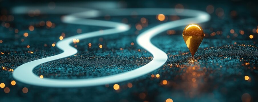 Abstract tech roadmap illustration. Modern tech upgrades visualized as winding path. Future innovations marked by golden pin. Dynamic, futuristic design for tech company. Modern infrastructure