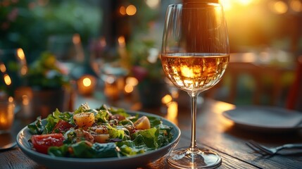 Joyful couple enjoying lunch at a fine dining restaurant with waitress serving white wine and salad in a cozy atmosphere
