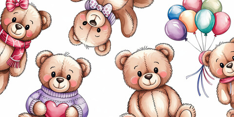 Adorable Teddy Bears Balloons Watercolor Illustration Cute Cartoon Childrens Holiday