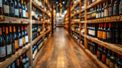 Wine aisle in a store with wooden shelves and bottles.