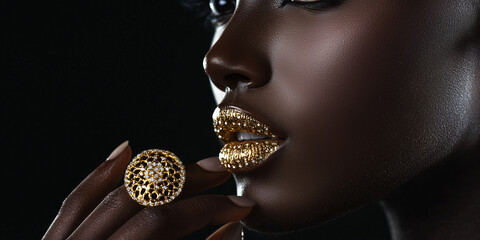Fashion model with black skin, golden lips, eyelashes and jewellery - golden ring on hand. on black background. Beauty woman face, beautiful make-up. Gorgeous lady fashion art portrait 