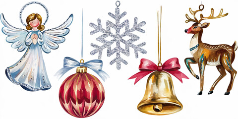 Watercolor Christmas Ornaments Angel Snowflake Bell Reindeer